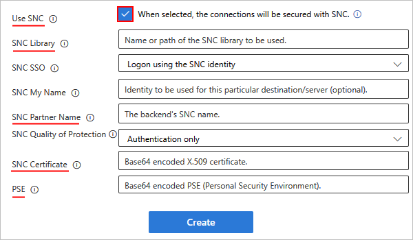 Screenshot che mostra le impostazioni di connessione SAP con SNC abilitato per ISE.