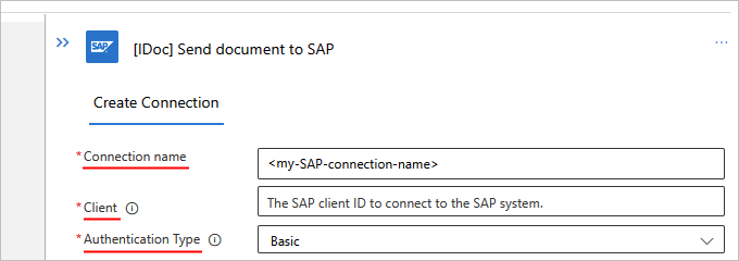 Screenshot che mostra le impostazioni di connessione predefinite di SAP per il flusso di lavoro Standard con l'autenticazione di base.