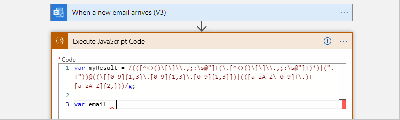 Screenshot che mostra il flusso di lavoro Consumo, l'azione Esegui codice JavaScript e il codice di esempio che crea variabili.