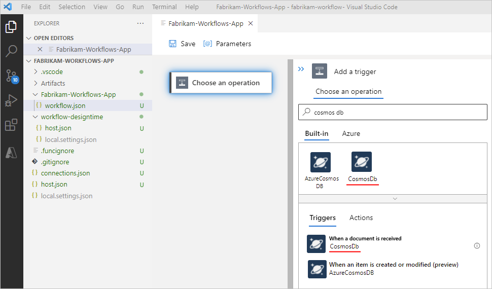 Screenshot che mostra Visual Studio Code e la finestra di progettazione per un flusso di lavoro di App per la logica Standard con il nuovo connettore predefinito di Azure Cosmos DB personalizzato.