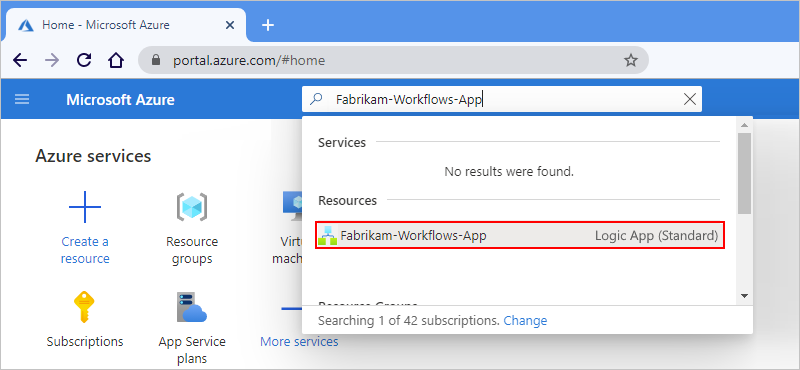 Screenshot che mostra il portale di Azure e la barra di ricerca con i risultati della ricerca per l'app per la logica distribuita, che viene visualizzata selezionata.