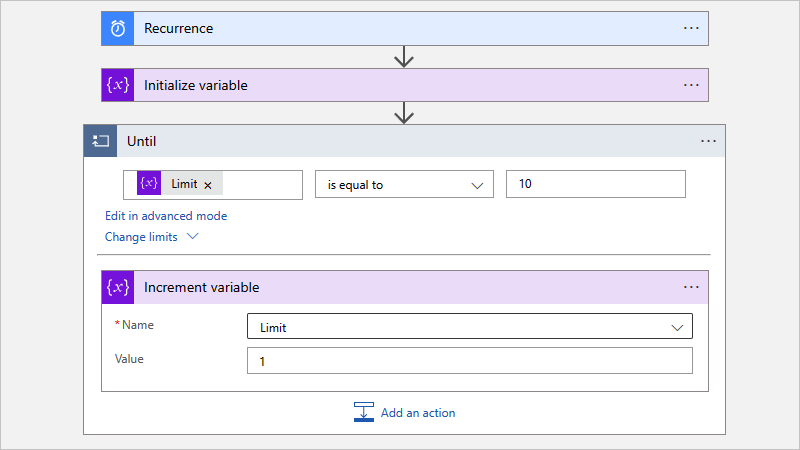 Screenshot che mostra il flusso di lavoro a consumo e l'azione predefinita denominata Until con Nome impostato sulla variabile Limit e Valore impostato su 1.