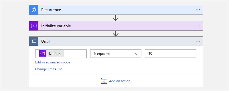 Screenshot che mostra il flusso di lavoro a consumo e l'azione predefinita denominata Until con condizione di arresto completata.