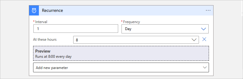 Screenshot che mostra il portale di Azure, il flusso di lavoro a consumo e i parametri trigger Ricorrenza configurati.