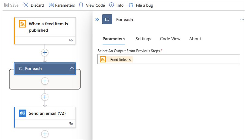 Screenshot che mostra il flusso di lavoro Standard, l'azione denominata For each e l'output della matrice selezionato.