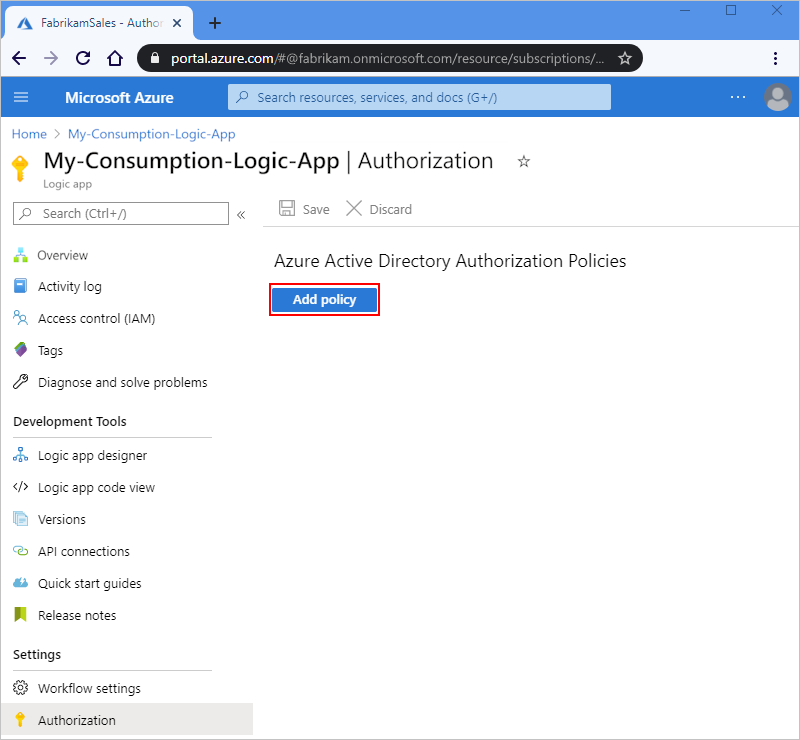 Screenshot che mostra il portale di Azure, il menu dell'app per la logica A consumo, la pagina Autorizzazione e il pulsante selezionato per aggiungere il criterio.