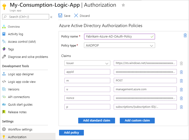 Screenshot che mostra il portale di Azure, la pagina Autorizzazione dell'app per la logica A consumo e le informazioni per un criterio proof-of-possession.