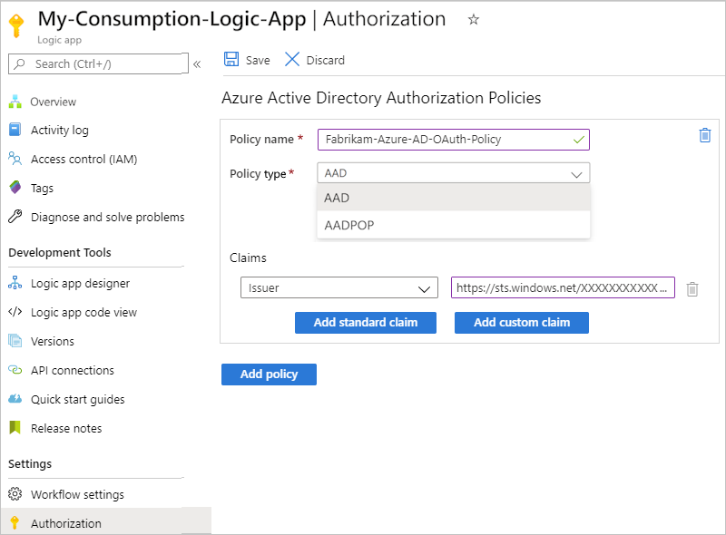 Screenshot che mostra il portale di Azure, la pagina Autorizzazione dell'app per la logica A consumo e le informazioni per un criterio di autorizzazione.