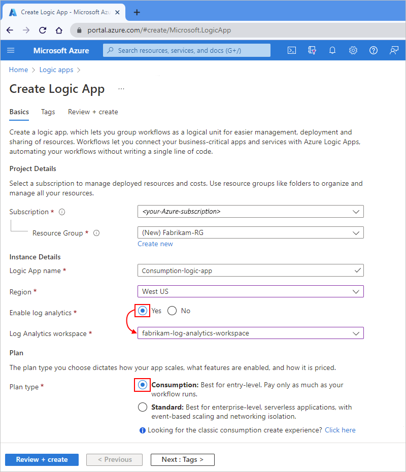 Screenshot che mostra la pagina di creazione dell'app per la logica di portale di Azure e consumo.