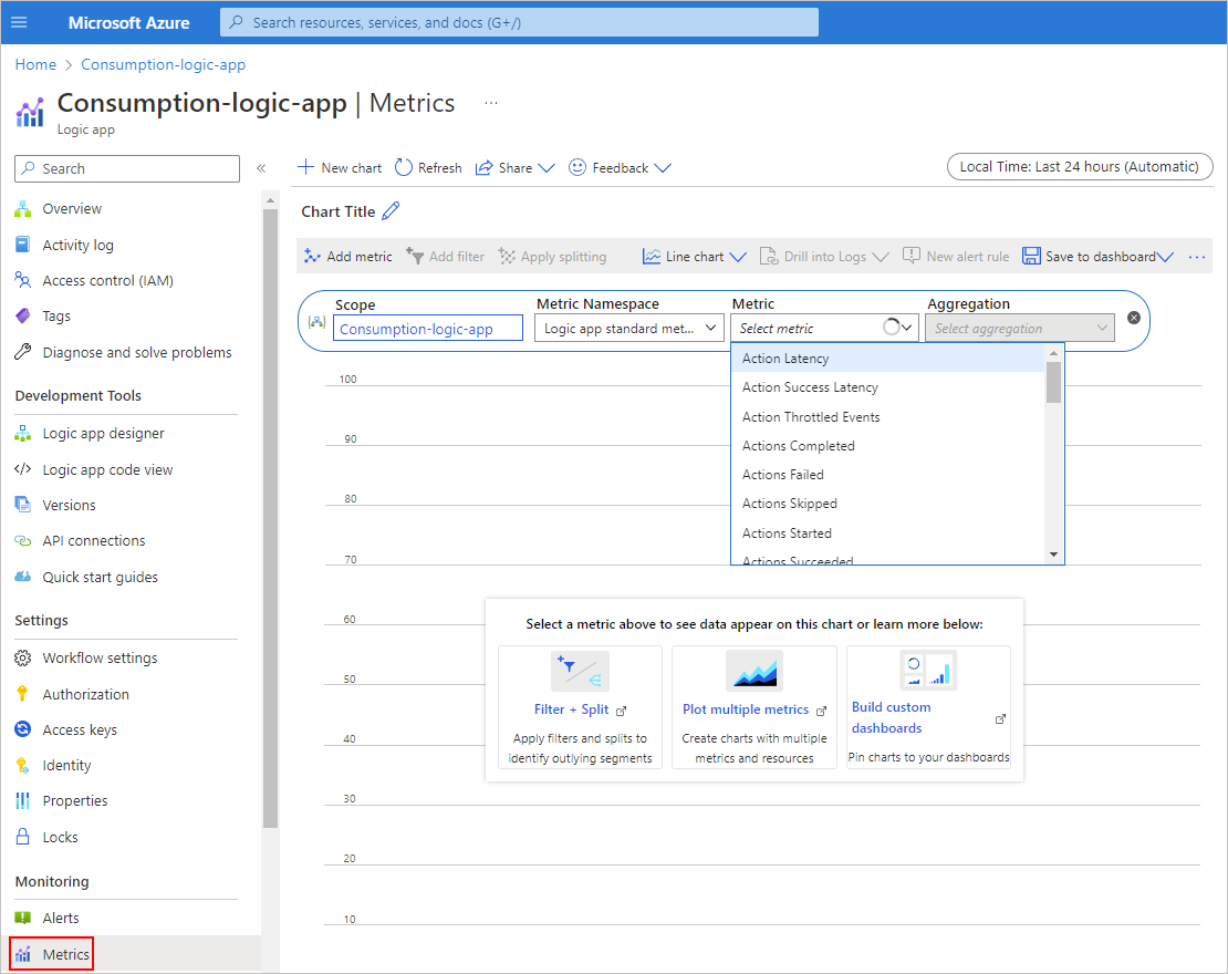 Screenshot che mostra portale di Azure, il menu delle risorse dell'app per la logica a consumo con metrica selezionato e l'elenco Metrica aperto.