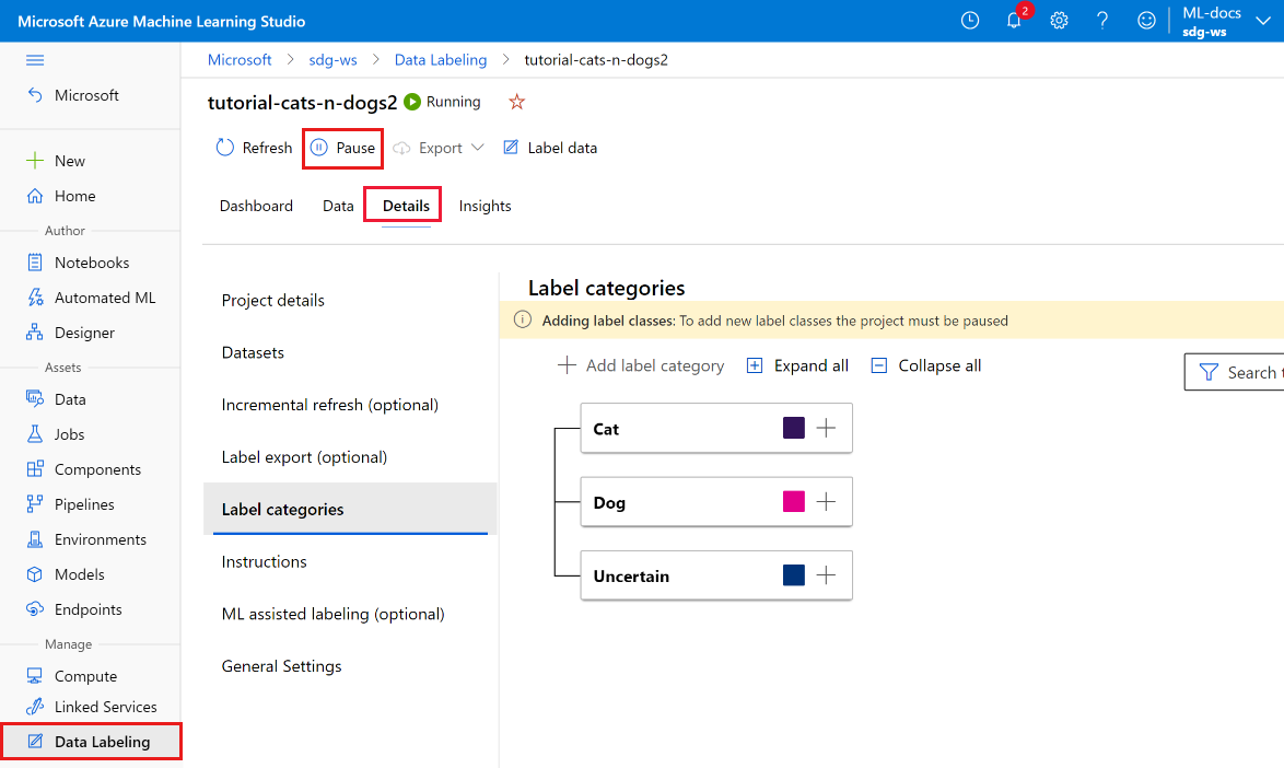 Screenshot che mostra come aggiungere un'etichetta in Machine Learning Studio.