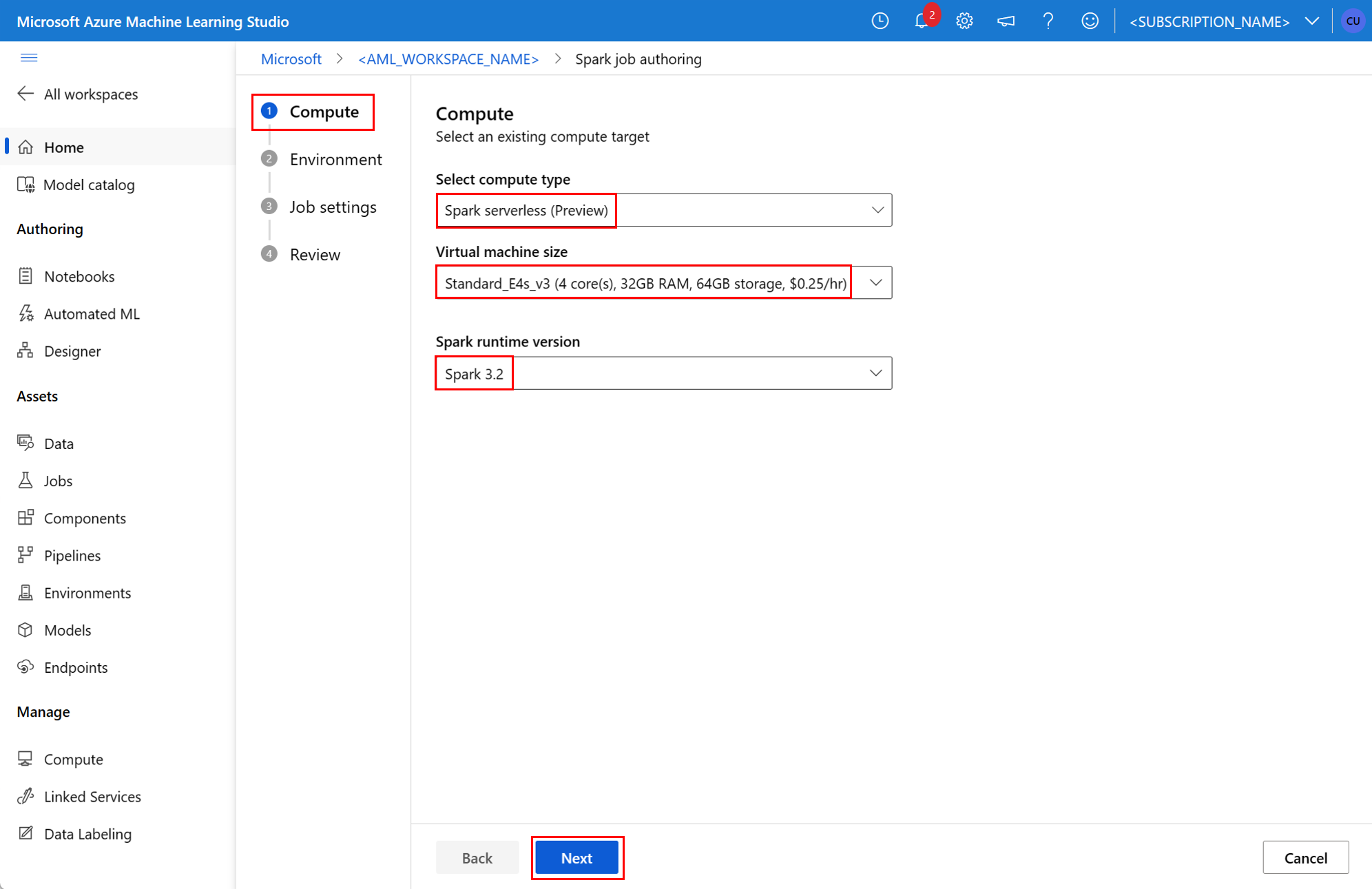 Screenshot che mostra la schermata di selezione del calcolo per un nuovo processo Spark nell'interfaccia utente di studio di Azure Machine Learning.