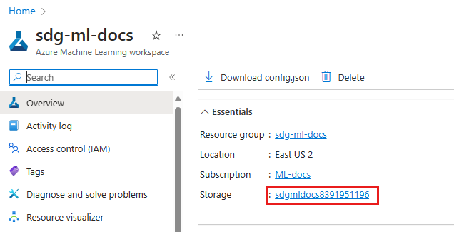 Screenshot che mostra il collegamento per l'archiviazione nel portale di Azure.