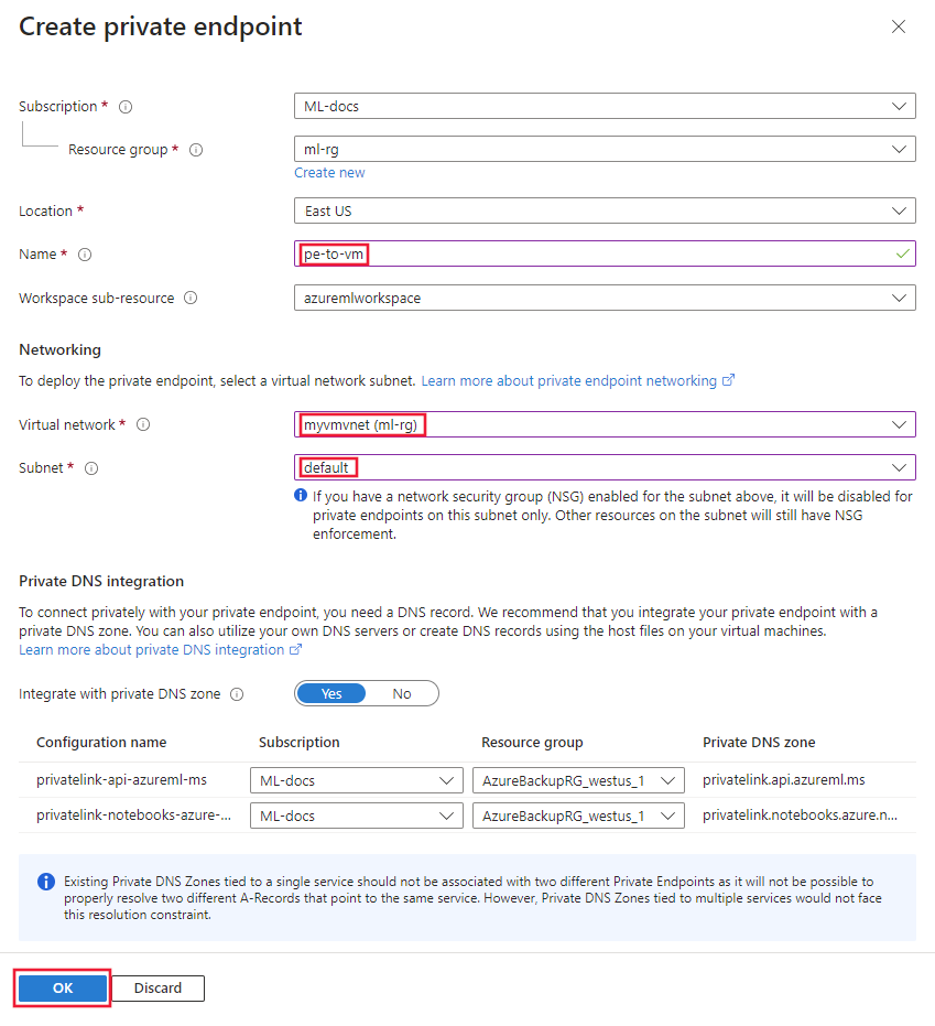 Screenshot del modulo per creare un endpoint privato.