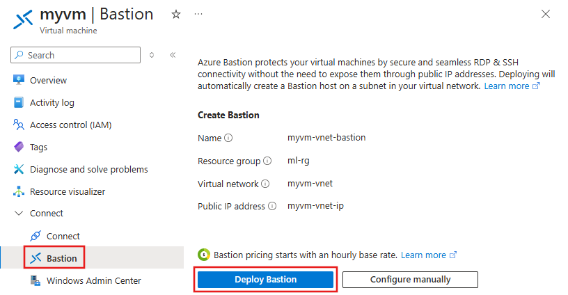 Screenshot dell'opzione Distribuisci Azure Bastion.