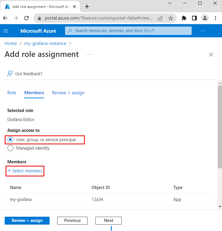 Screenshot dell'opzione Aggiungi assegnazione di ruolo nella piattaforma Azure.