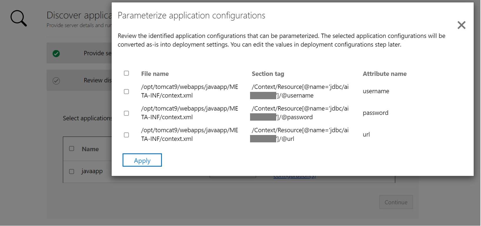 Screenshot per l'applicazione ASP.NET di parametrizzazione della configurazione dell'app.