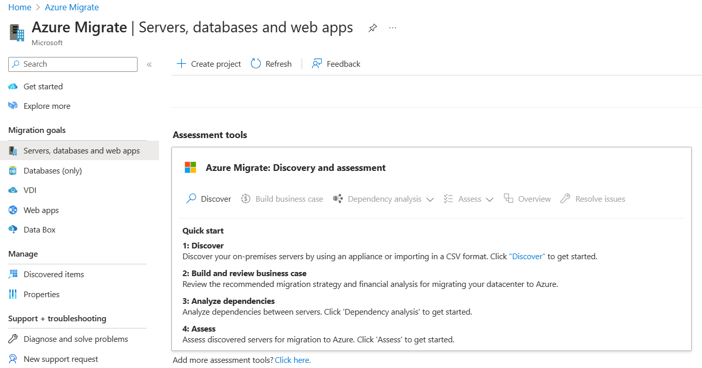 Screenshot che mostra lo strumento Azure Migrate: Individuazione e valutazione aggiunto per impostazione predefinita.