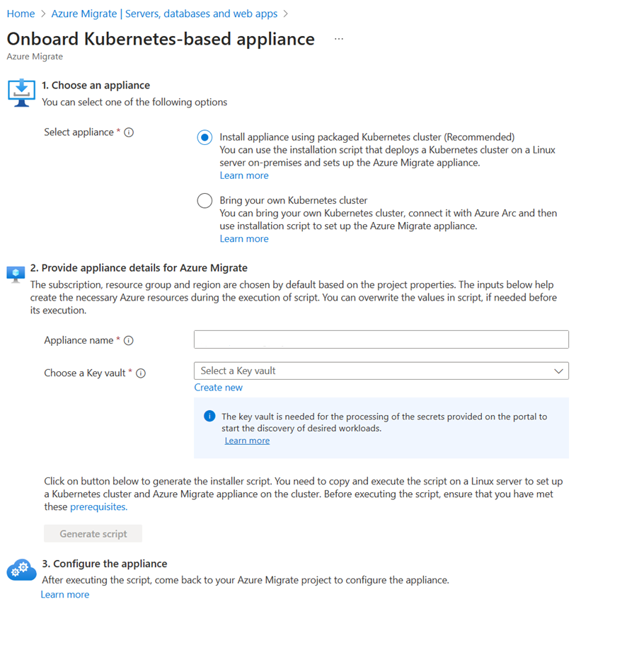 Screenshot che mostra l'opzione Installare l'appliance usando il cluster Kubernetes nel pacchetto selezionata.