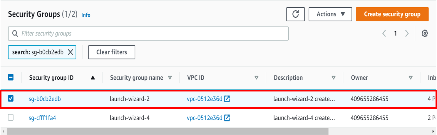 Screenshot che mostra i gruppi di sicurezza AWS.