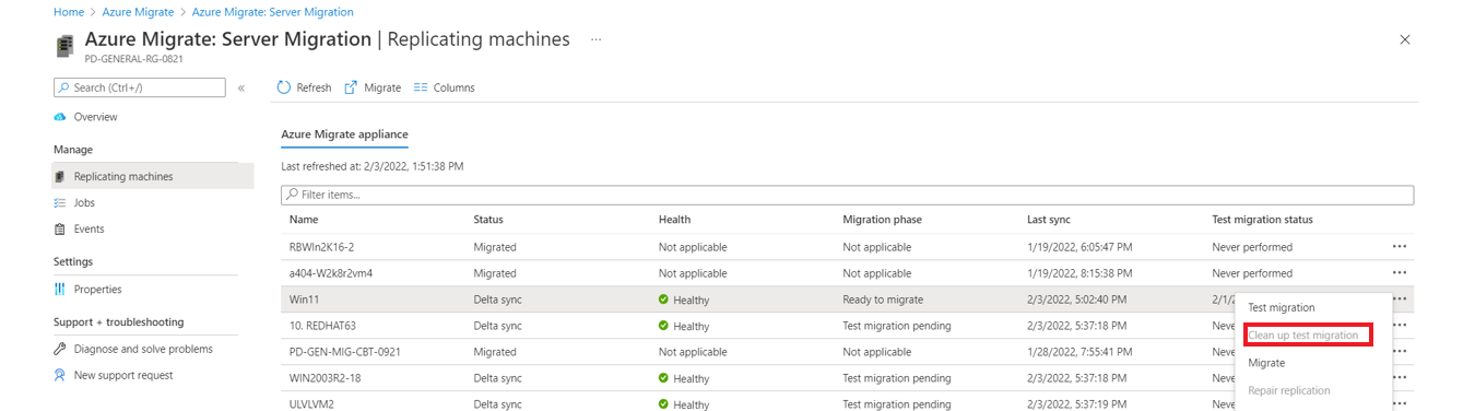 Screenshot che mostra il risultato dopo la pulizia della migrazione di test.