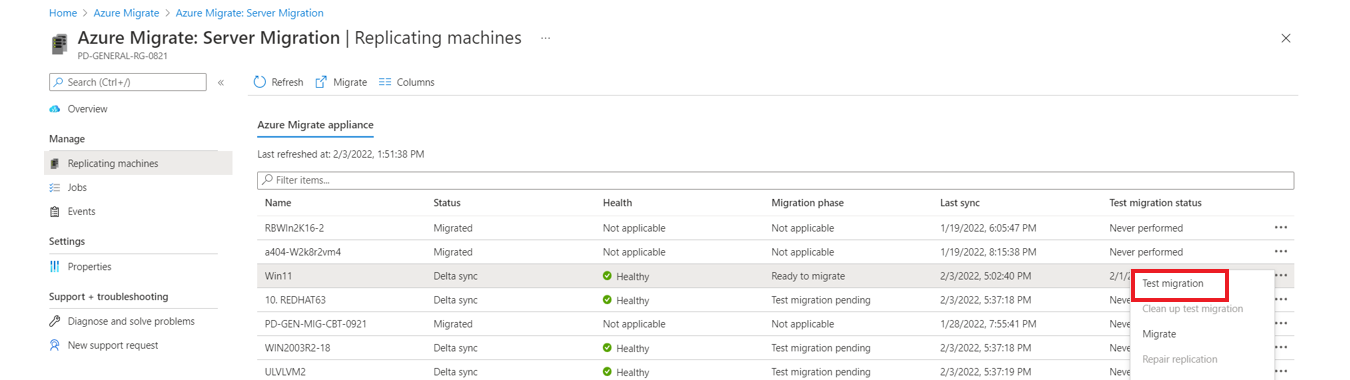 Screenshot della migrazione dei test.