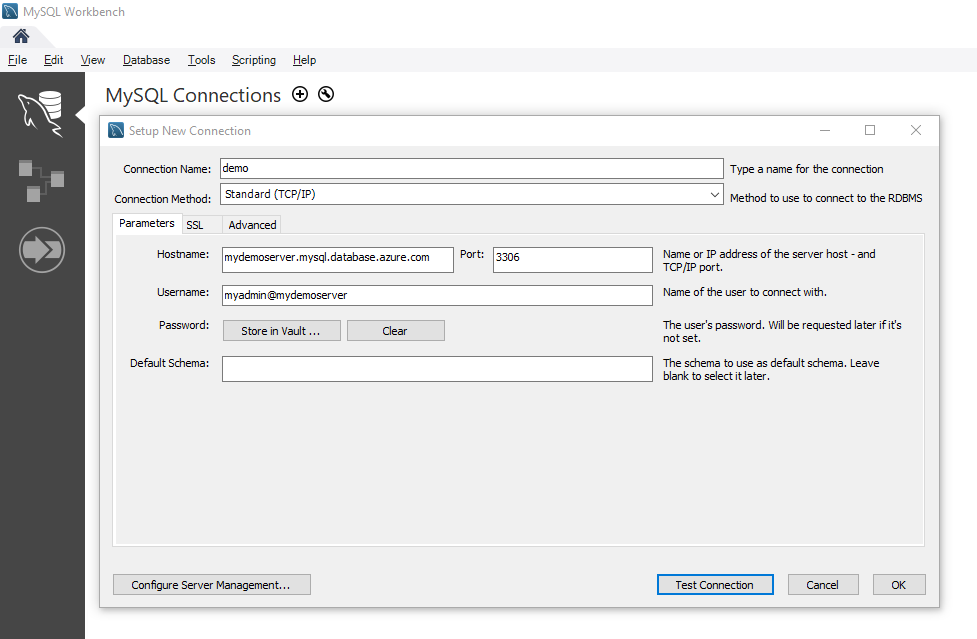 Stringa di connessione MySQL Workbench