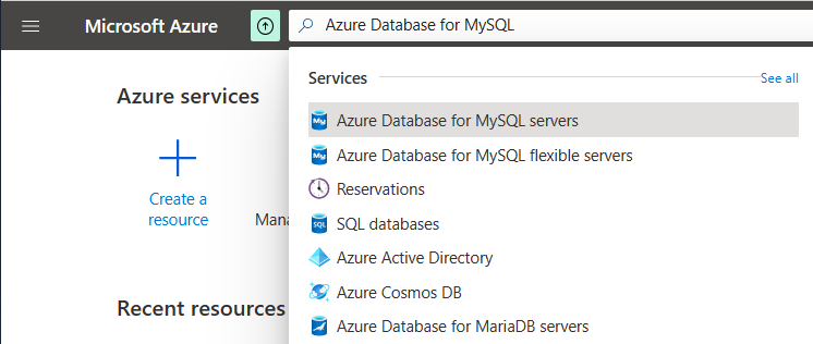 Screenshot che mostra come cercare e selezionare un'istanza del server flessibile Database di Azure per MySQL nel portale di Azure.