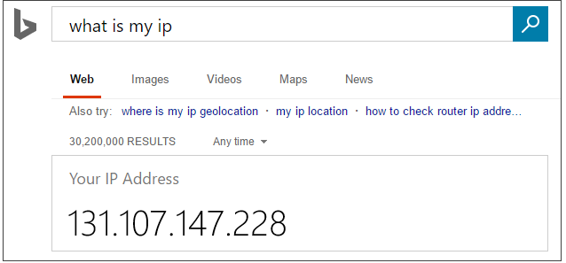 Ricerca di Bing What is my IP (Che cos'è l'indirizzo IP personale).