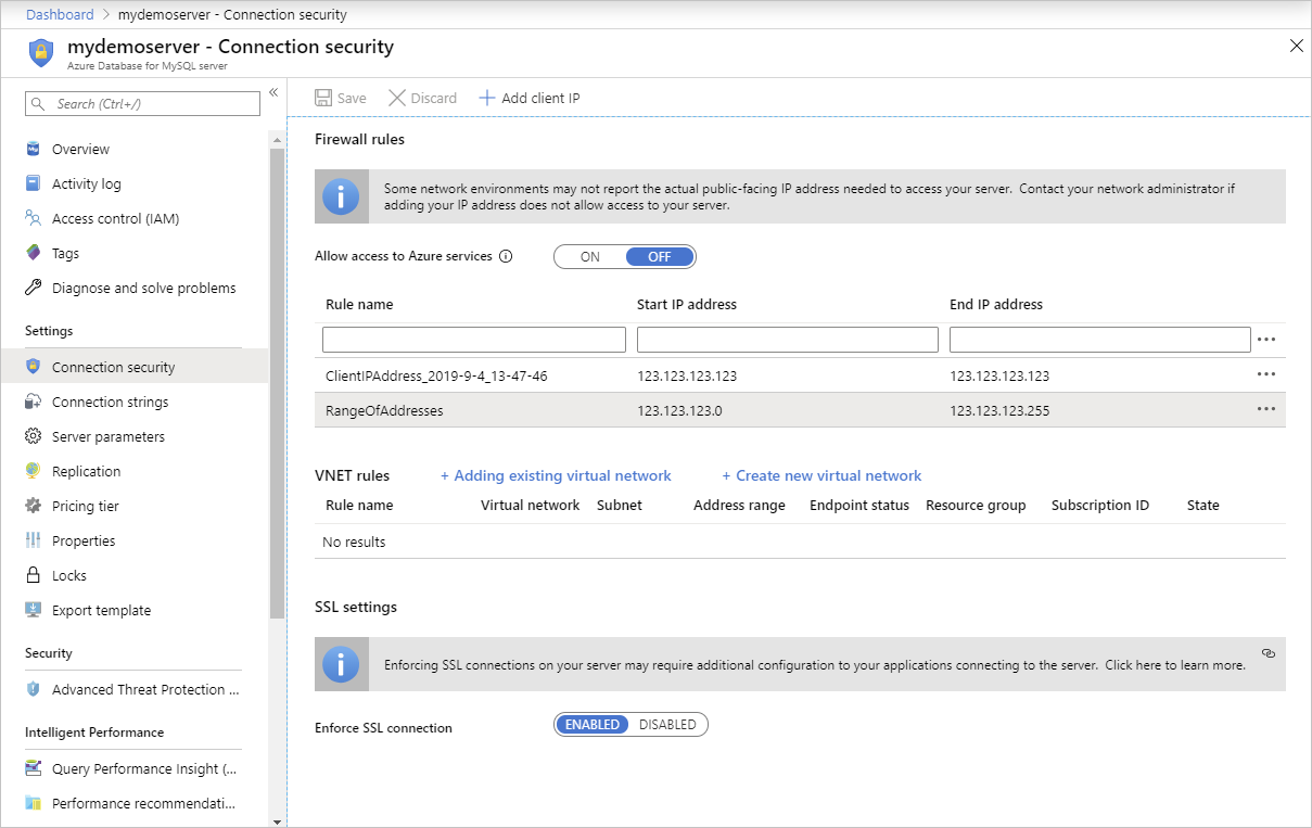 portale di Azure : regole del firewall.