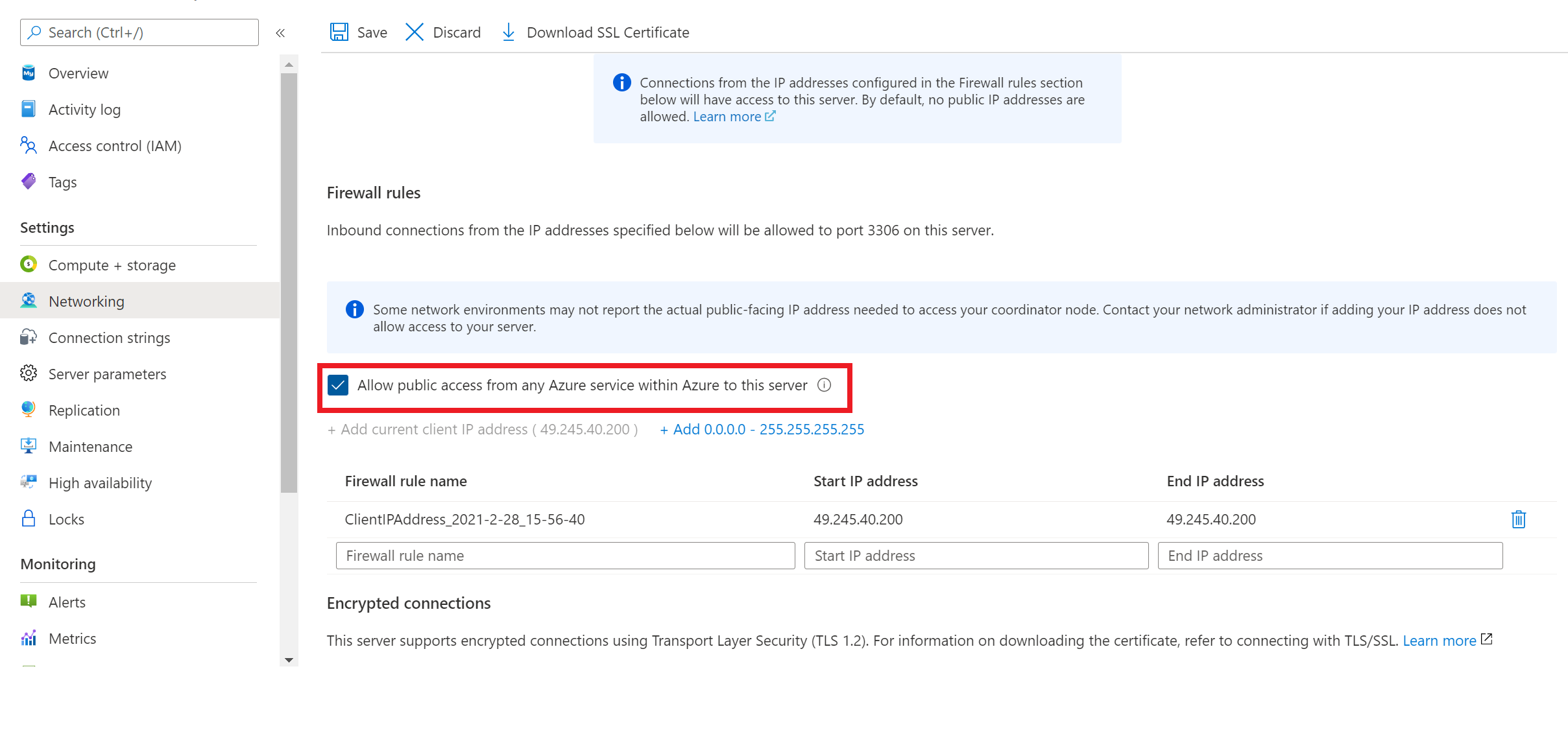 Screenshot che mostra come concedere ad Azure Cloud Shell l'accesso a un server flessibile Database di Azure per MySQL per la configurazione della rete di accesso pubblico.