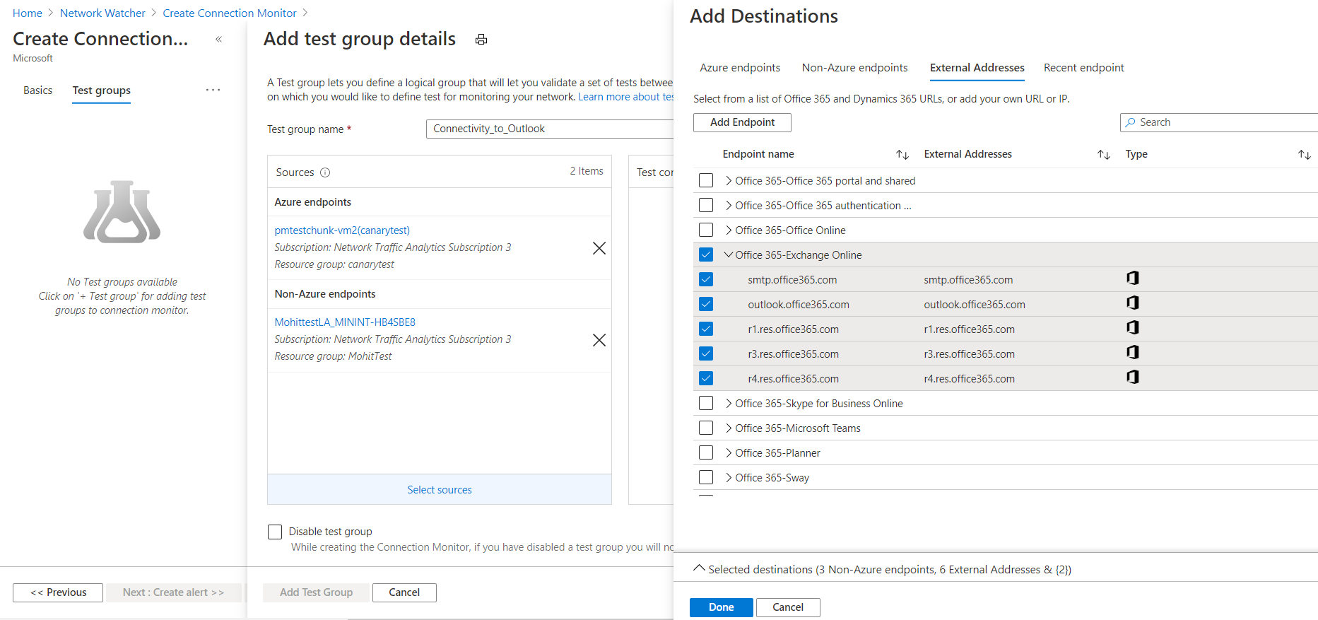 Screenshot che mostra dove aggiungere endpoint pubblici come destinazioni in Monitoraggio connessione.