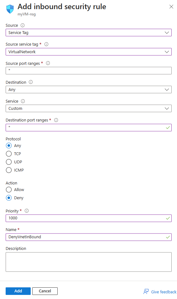 Screenshot che mostra come aggiungere una regola di sicurezza in ingresso al gruppo di sicurezza di rete nel portale di Azure.