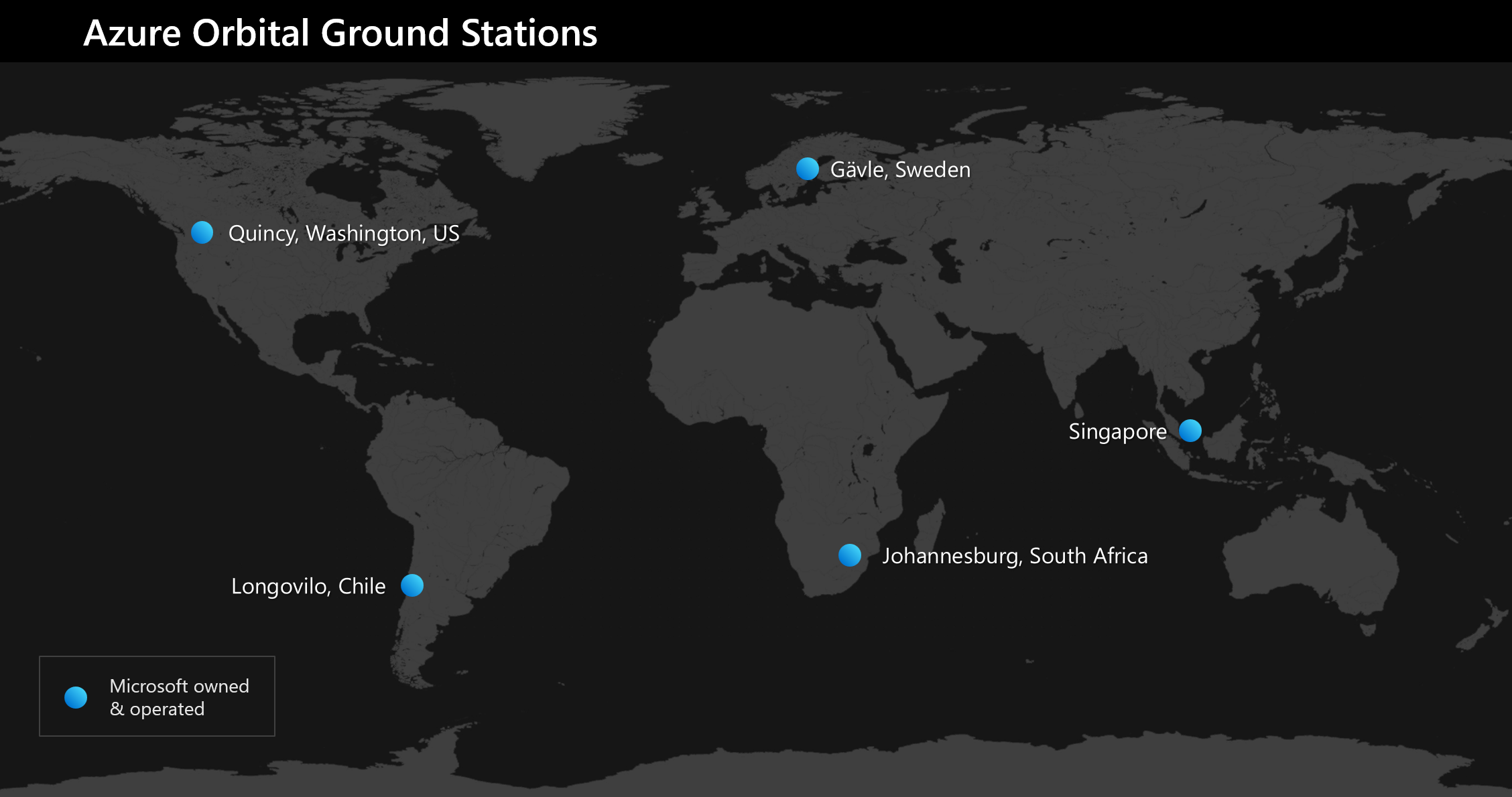 Diagram shows a world map with the five Azure Orbital Ground Station sites labeled.