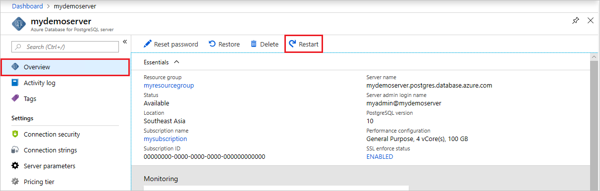 Database di Azure per PostgreSQL - Panoramica - Pulsante Riavvia