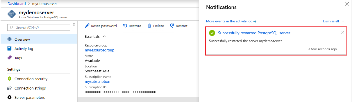 Database di Azure per PostgreSQL - Riavvio riuscito