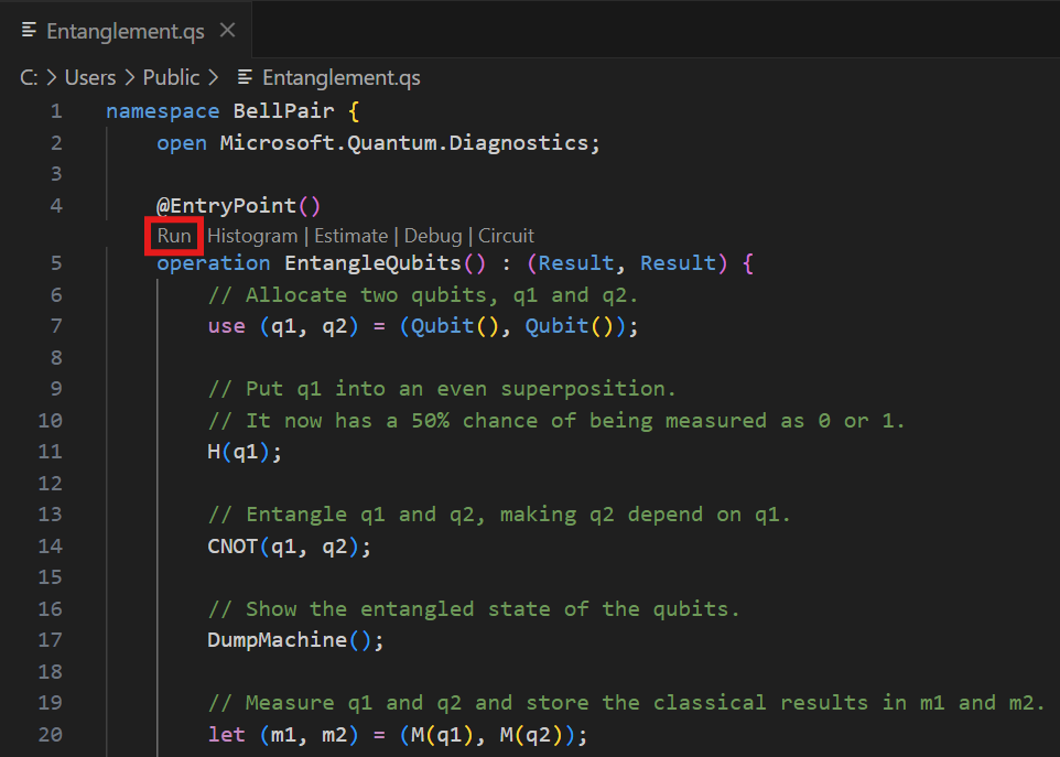 Screenshot del Q# file in Visual Studio Code che mostra dove trovare il comando 