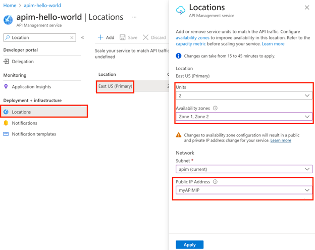 Screenshot che mostra le selezioni per la migrazione di una posizione esistente di un'istanza di Gestione API (piattaforma stv2) inserita in una rete virtuale.