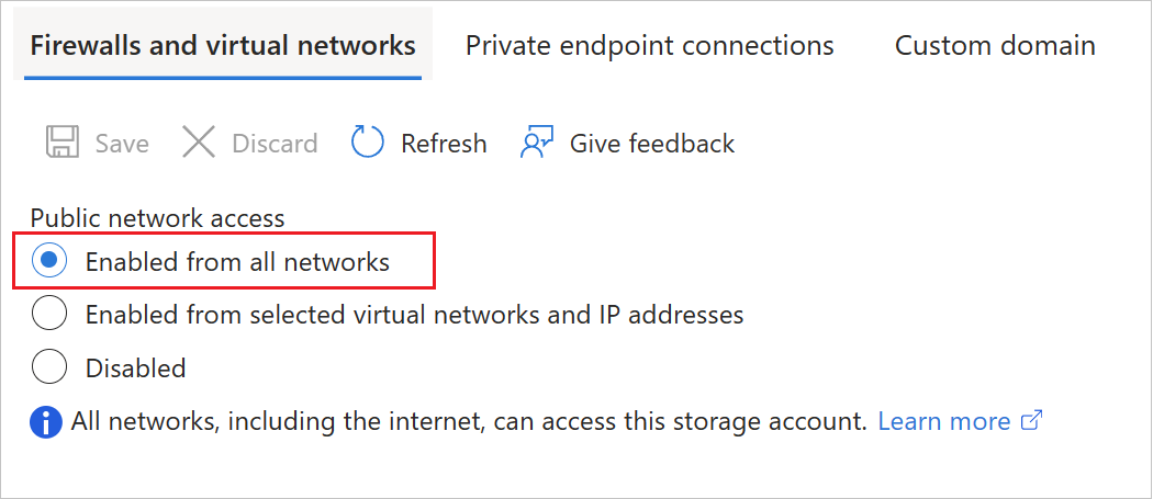 Screenshot delle impostazioni del portale di Azure per il livello di accesso alla rete pubblica nell'archiviazione BLOB.