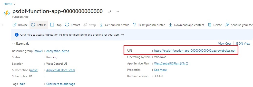 Screenshot of the overview page and Essentials section of the Azure Function app.