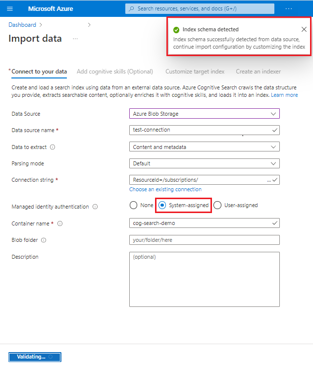 Screenshot della pagina di connessione all'origine dati dell'Importazione guidata dati.