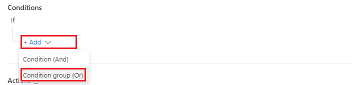 Screenshot dell'aggiunta di un gruppo di condizioni al set di condizioni di una regola di automazione.