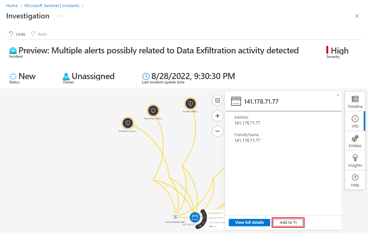 Screenshot che mostra l'aggiunta di un'entità all'intelligence sulle minacce.