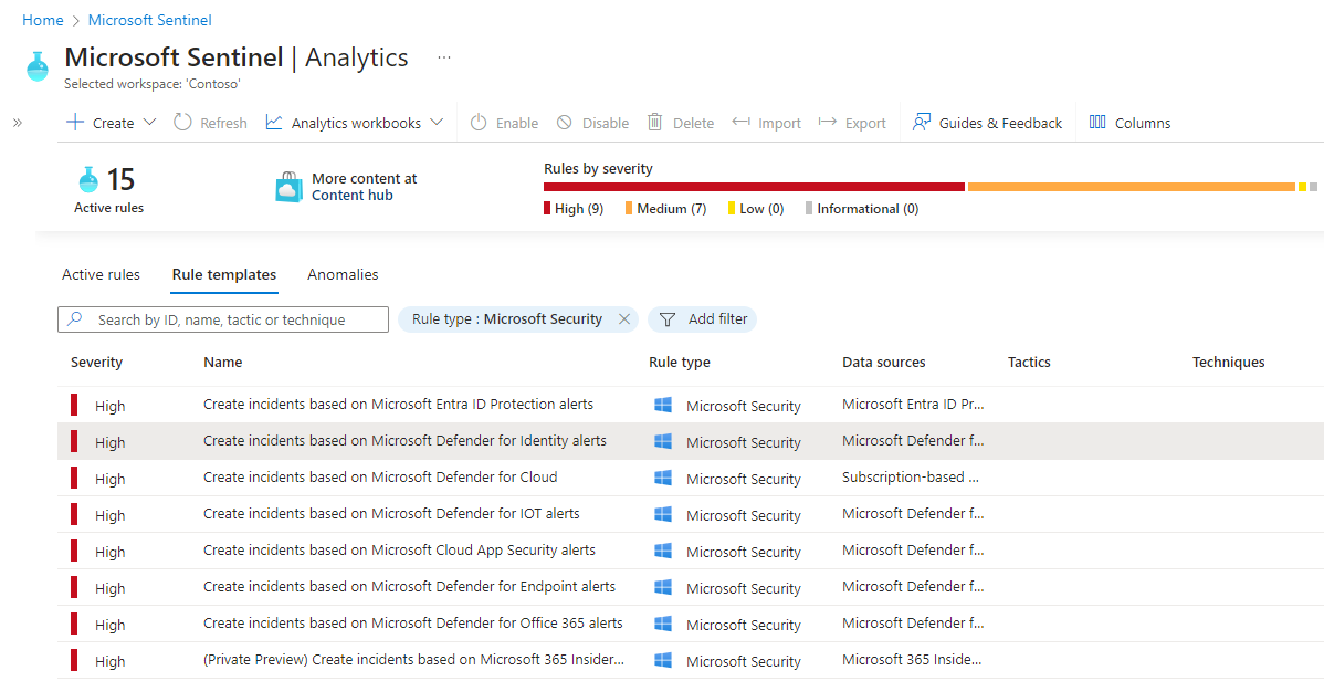 Screenshot dell'elenco dei modelli di regole di sicurezza Microsoft.