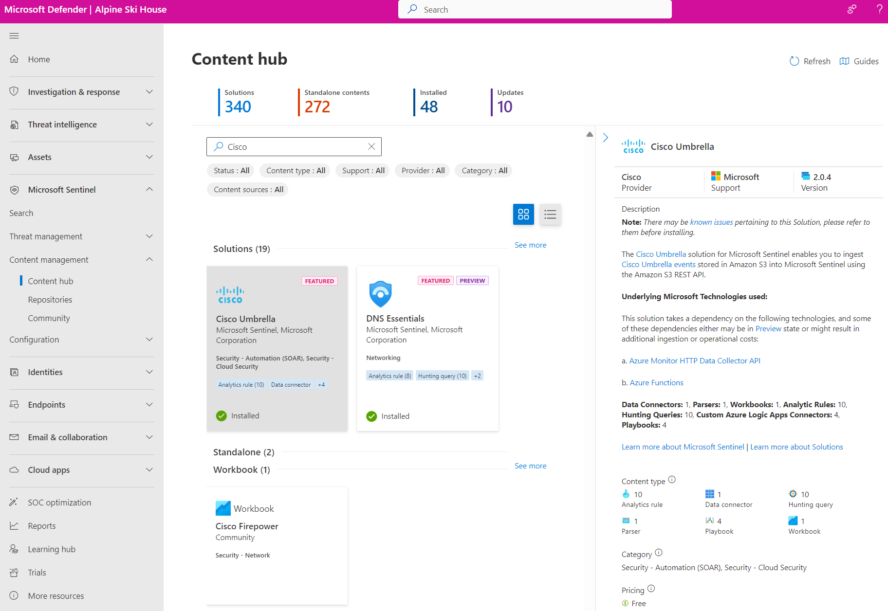 Screenshot dell'hub di contenuto di Microsoft Sentinel nel portale di Defender.