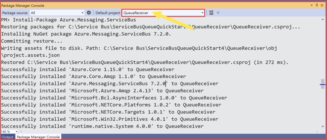 Screenshot che mostra il progetto QueueReceiver selezionato nella console di Gestione pacchetti.