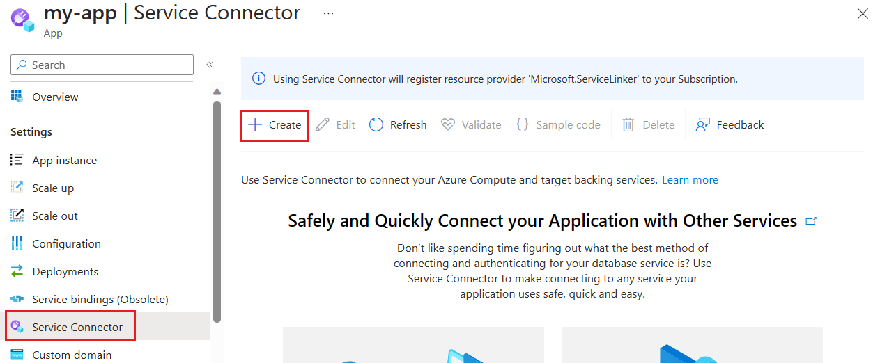 Screenshot del portale di Azure, selezionando il pulsante per creare una connessione.