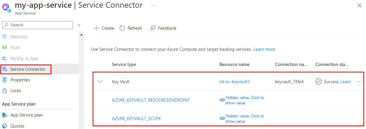 Screenshot del portale di Azure che mostra i dettagli della connessione al servizio.