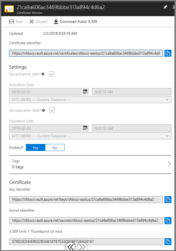 Screenshot che mostra la finestra di dialogo Versione certificato con un'opzione per copiare l'identificatore del certificato.