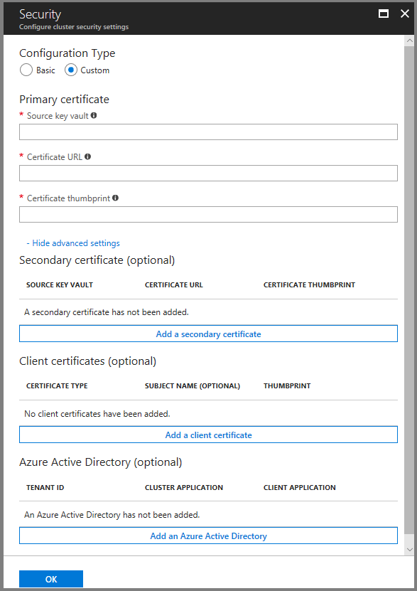 Screenshot che mostra la finestra di dialogo Configurazione impostazioni di sicurezza del cluster.